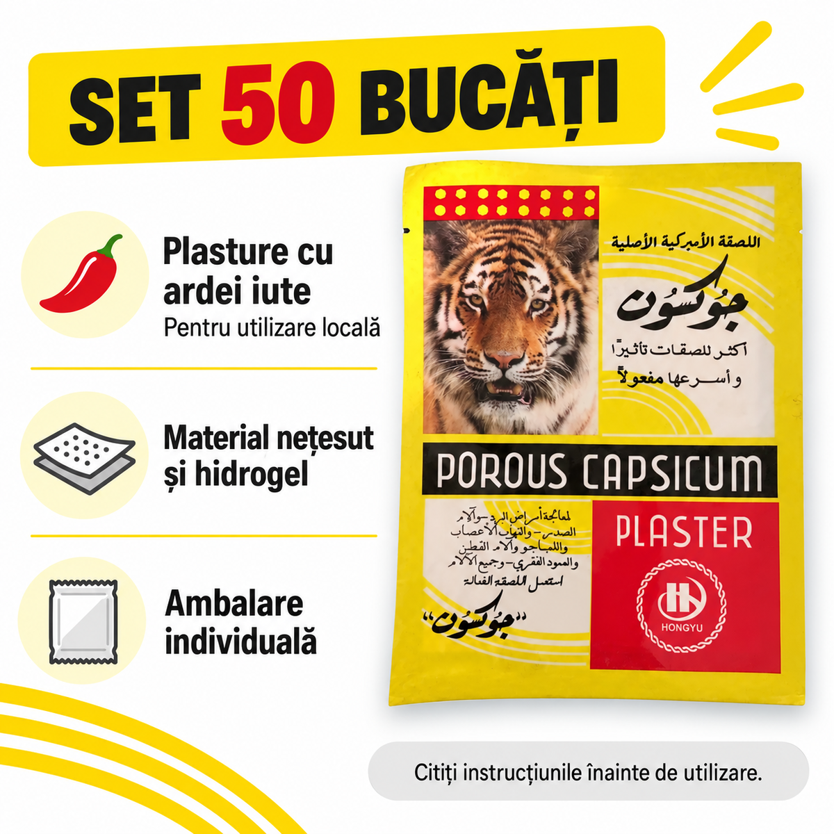Set 50 Plasturi Răcoritori cu Hidrogel Tiger Pain Relief, pentru Dureri Musculare
