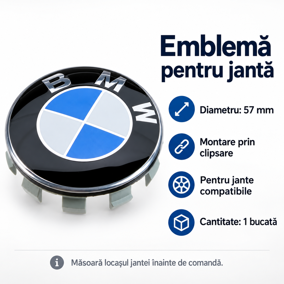 Emblemă pentru Capac de Jantă din Aliaj cu Sigla BMW, 57 mm, 1 Bucată