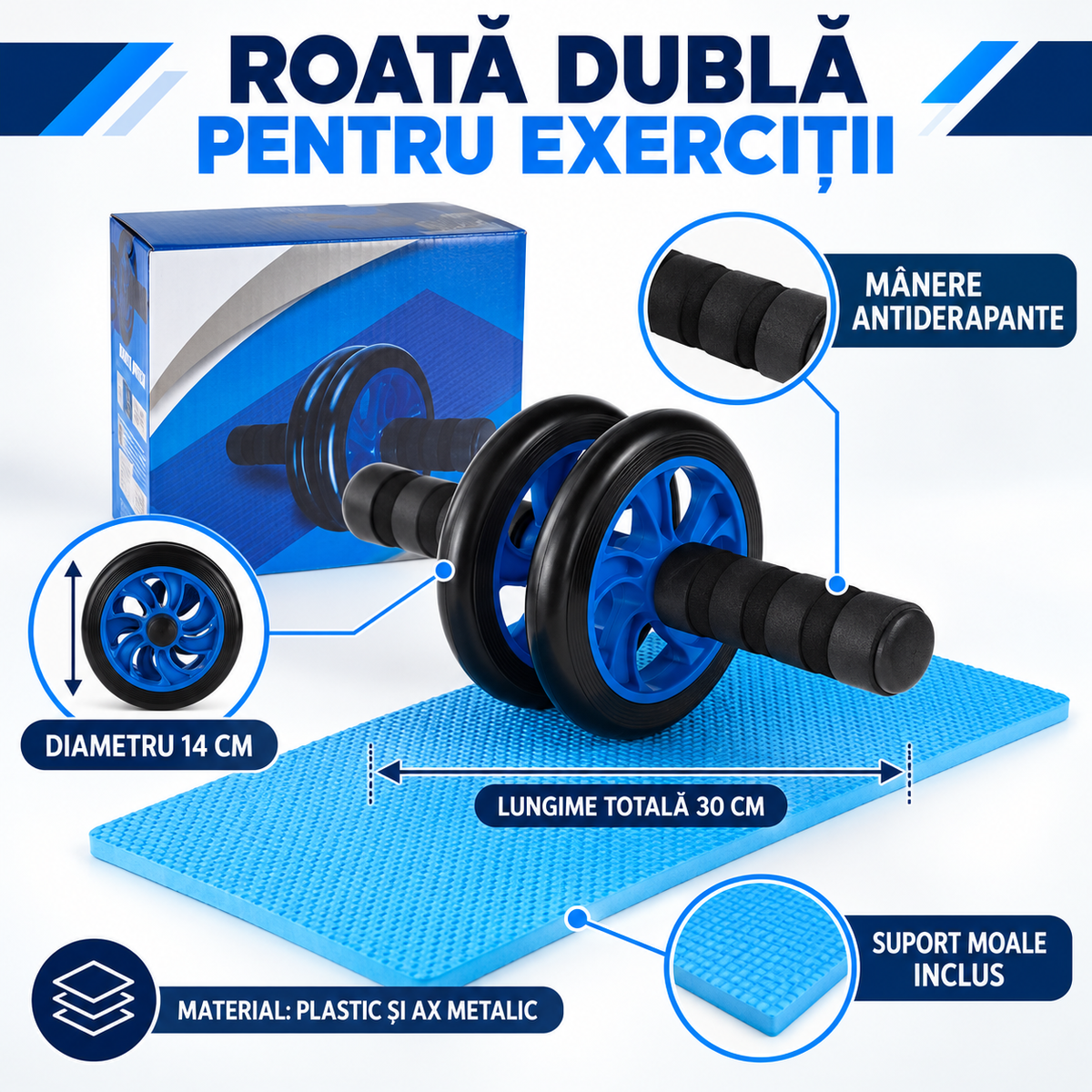 Rolă Dublă pentru Exerciții cu Mâner Antiderapant și Covoraș Moale, 14 cm