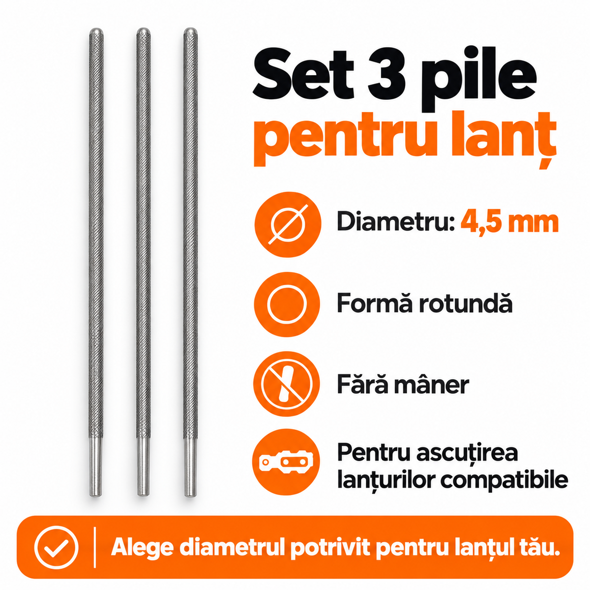 Set 3 Pile Rotunde de 4,5 mm pentru Ascuțit Lanțul de Drujbă, Universale, fără Mâner