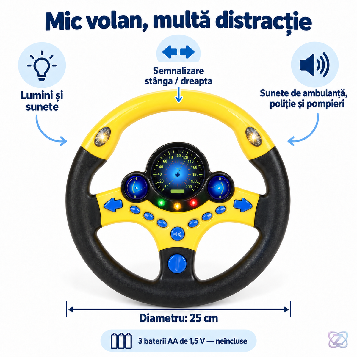 Funcții și dimensiuni – volan interactiv de 25 cm