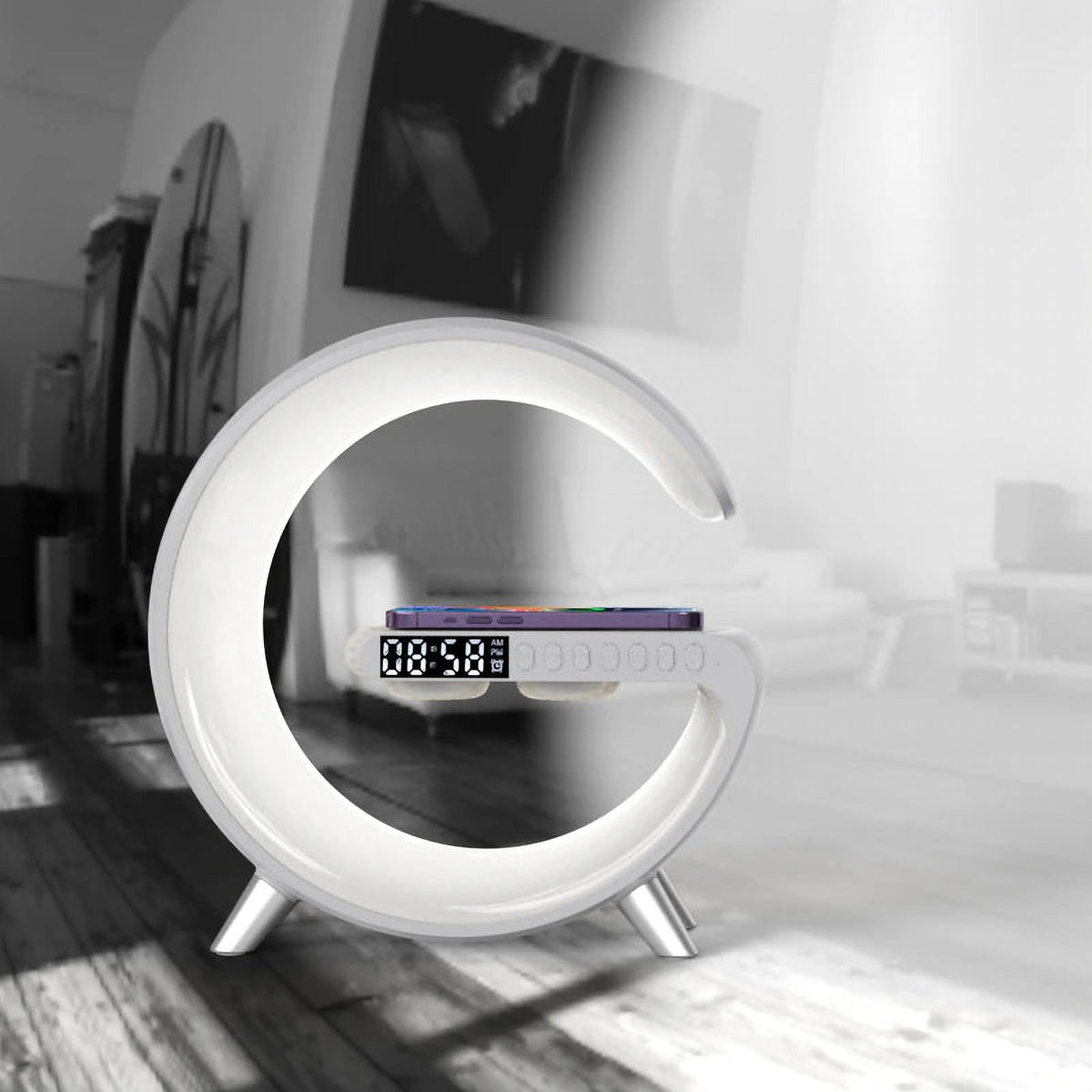Lampă RGB G63 cu Ceas cu Alarmă, Boxă Bluetooth și Încărcător Wireless Rapid 15W