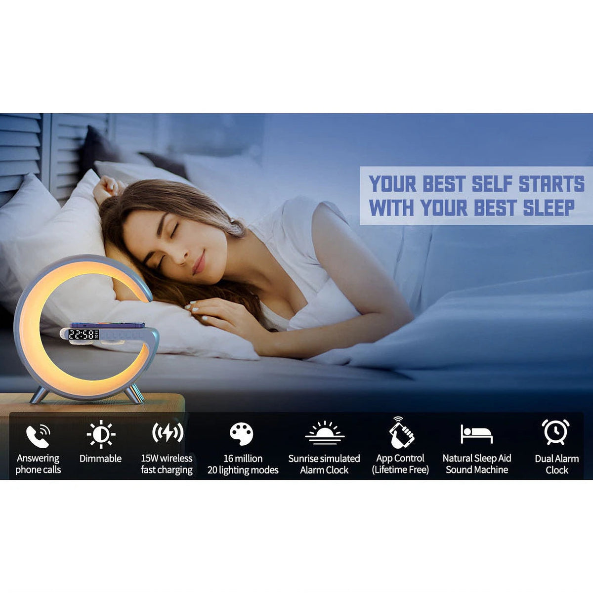 Lampă RGB G63 cu Ceas cu Alarmă, Boxă Bluetooth și Încărcător Wireless Rapid 15W