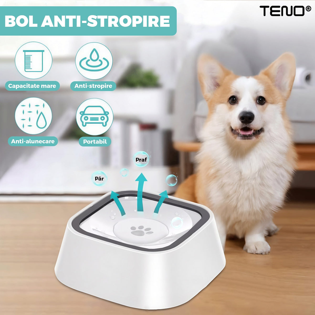Bol de Apă Anti-Stropire pentru Câini și Pisici, cu Ramă Flotantă și Bază Antial