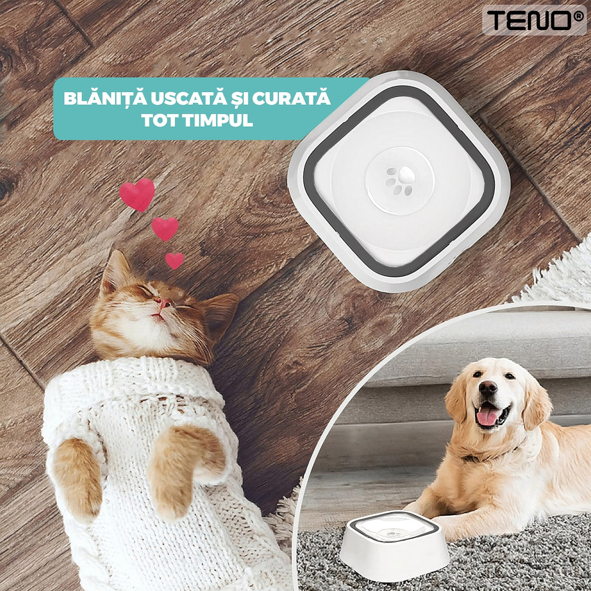 Bol de Apă Anti-Stropire pentru Câini și Pisici, cu Ramă Flotantă și Bază Antial