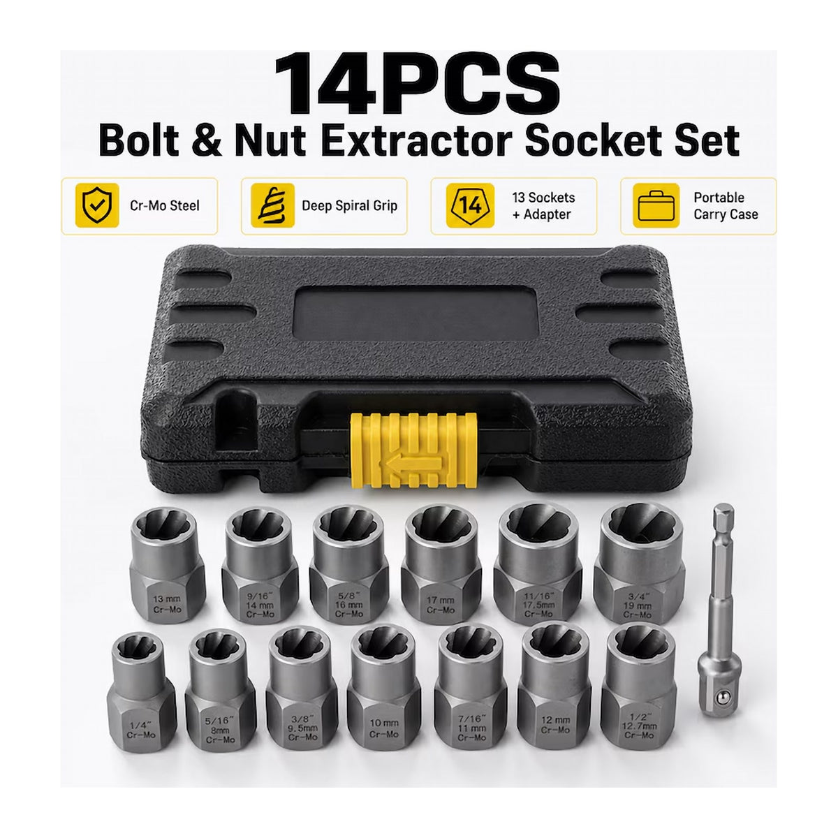 Set 13 Extractoare de Piulițe și Șuruburi cu Adaptor, 14 Piese, din Oțel Aliat, 