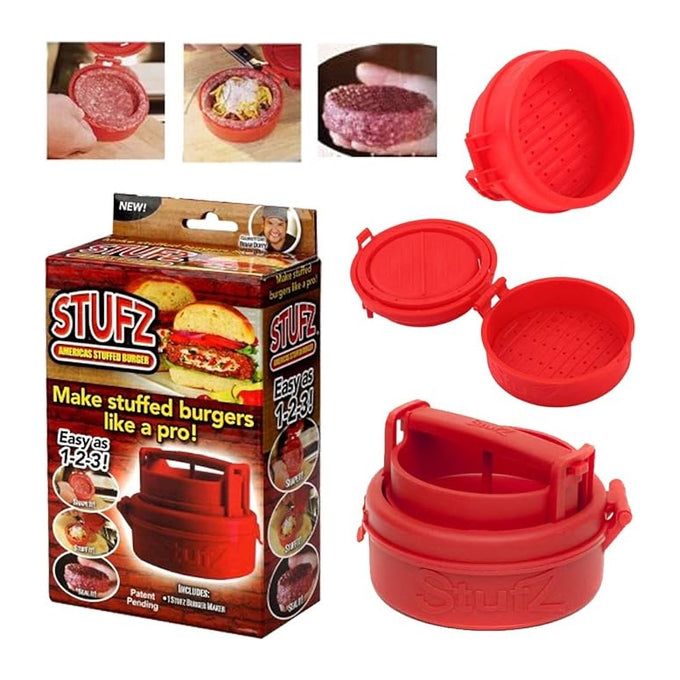 Presă pentru Burgeri Umpluți Stufz Stuffed Burger, Roșie, cu Capac și Bază