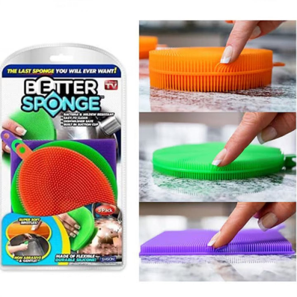 Set 3 Bureți din Silicon pentru Spălat, Multicolori, în 3 Mărimi, cu Cârlig