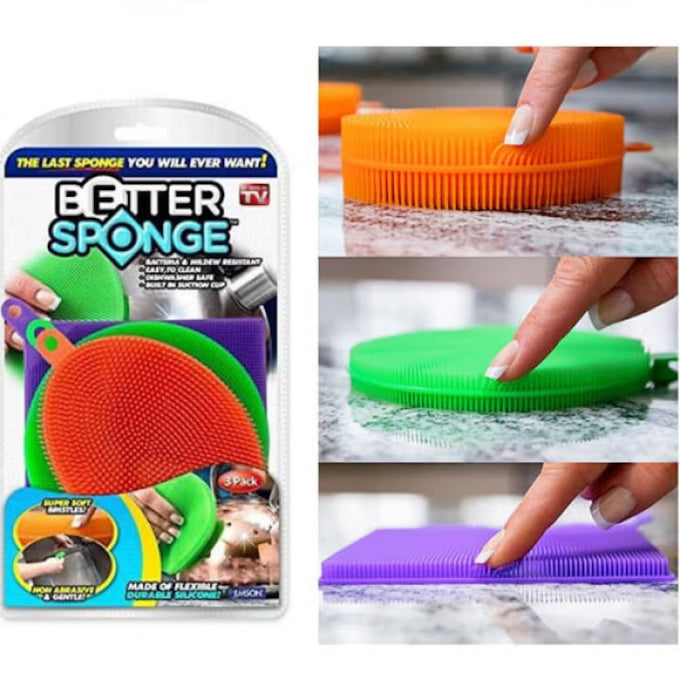 Set 3 Bureți din Silicon pentru Spălat, Multicolori, în 3 Mărimi, cu Cârlig