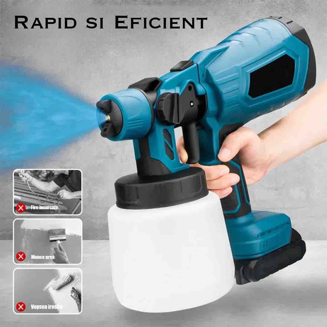 Pistol de Vopsit, 2 Acumulatori de 48V, Rezervor 800mL, 650mL/min, Trusa Depozitare