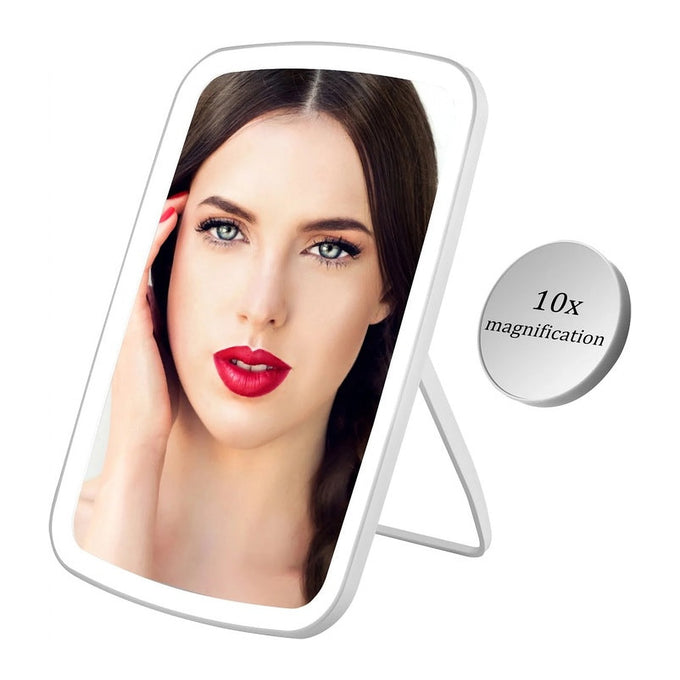 Oglindă Cosmetică cu 56 LED-uri, cu Oglindă Detașabilă 10X, 3 Culori de Lumină, Reîncărcabilă USB
