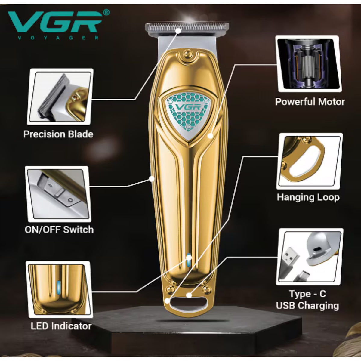 Aparat de Tuns Profesional VGR V911, Auriu, Reîncărcabil, cu 4 Piepteni