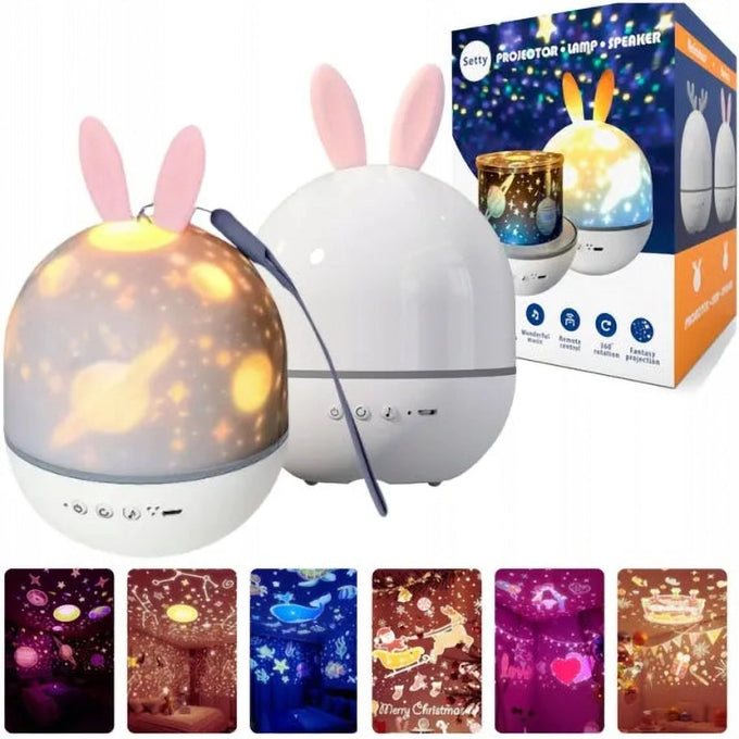 Proiector, Lampă și Difuzor Rabbit Setty, 3 în 1, pentru Camera Copiilor, cu Acumulator de 1200 mAh