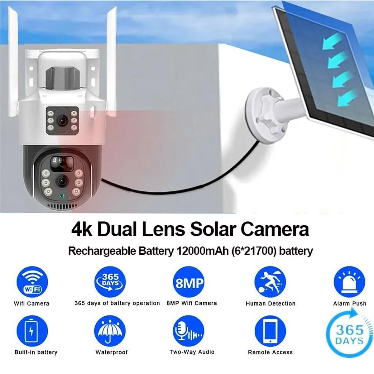 Cameră de Supraveghere 4G cu Panou Solar, Lentile Duble, 4K 8MP, cu Senzor de Mișcare