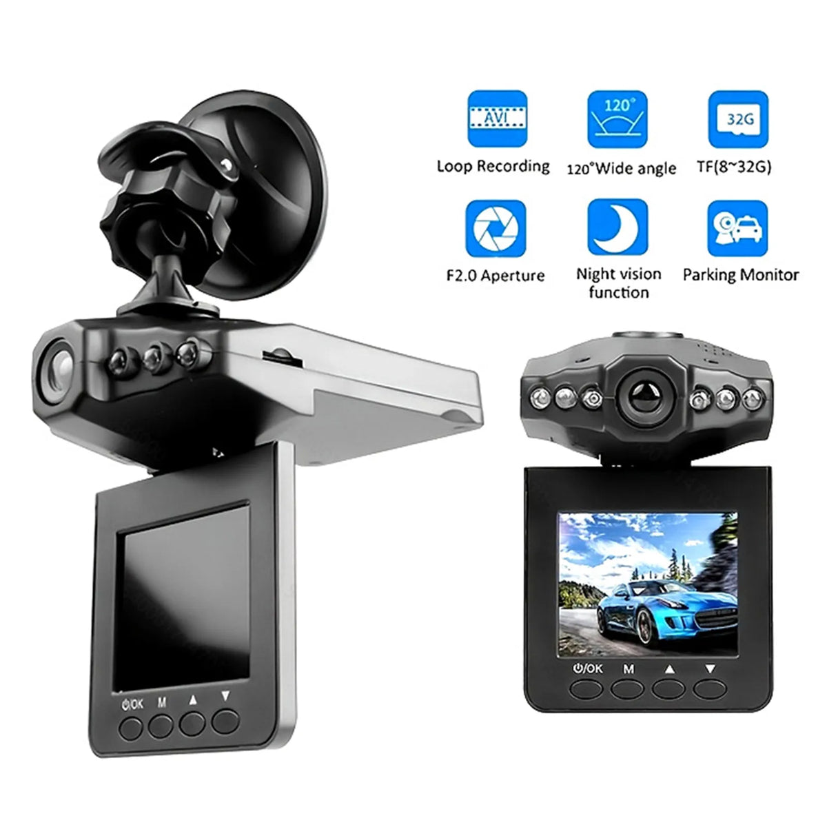 Cameră DVR Auto FHD 1080P cu Șase Lumini de Vedere Nocturnă, Înregistrator Video Auto