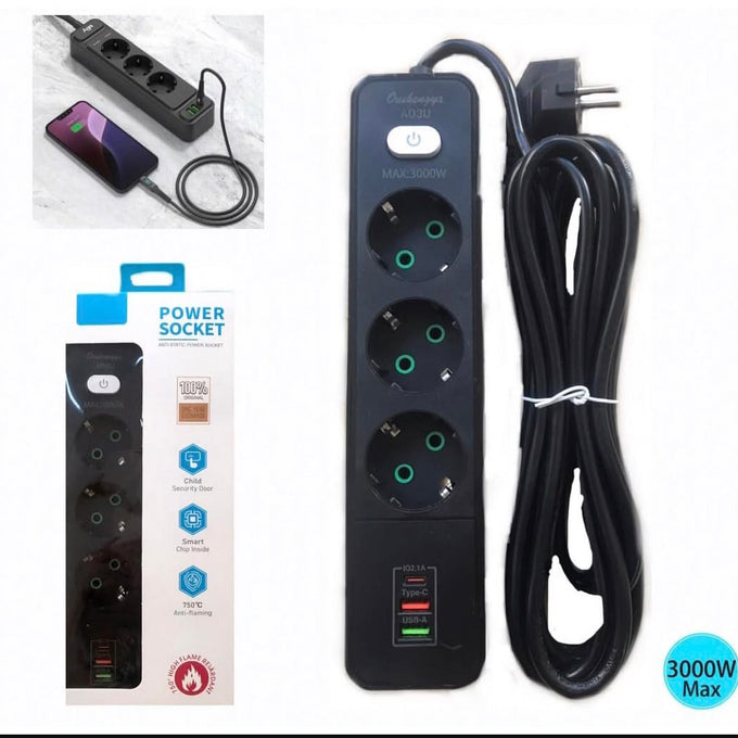 Prelungitor Electric A03U cu 3 Prize și 2 Porturi USB, Protecție la Supratensiune – 3 m sau 5 m