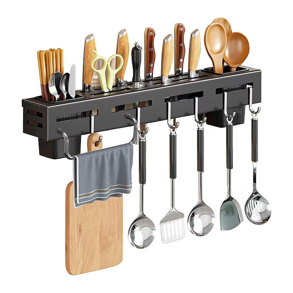 Organizator de Perete pentru Bucătărie din Inox Negru, cu Suport Cuțite și 6 Cârlige