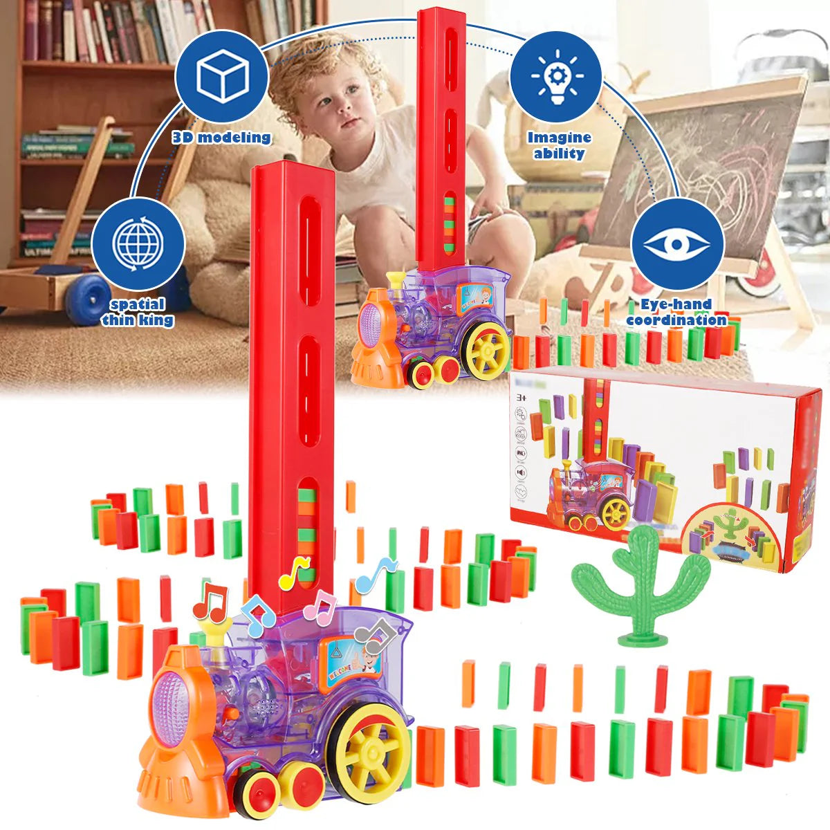Tren Interactiv Electric cu Piese Domino, 60 de Piese, cu Lumini și Sunete