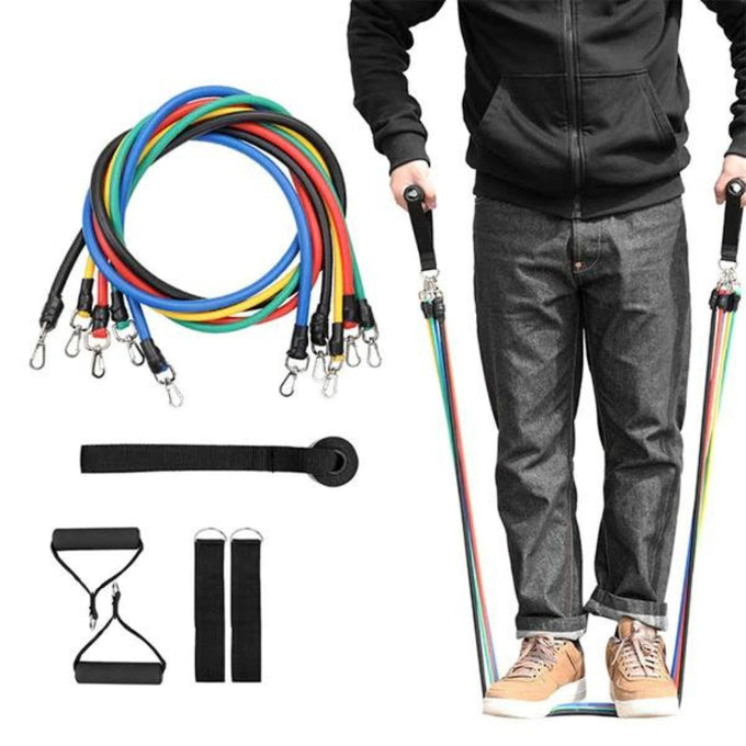 Set Fitness cu Corzi Elastice Extensibile și Prinderi Multiple, 11 Piese