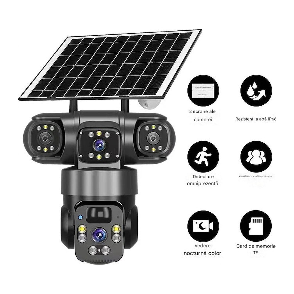 Cameră de Supraveghere Solară 4G cu SIM, 6MP, 3 Obiective, Vedere Nocturnă, IP66
