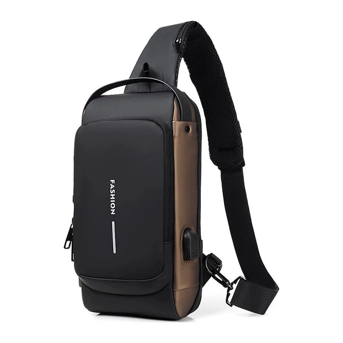 Geantă Crossbody Bonluo din Imitație de Piele, Neagră cu Maro, cu Cifru de Securitate