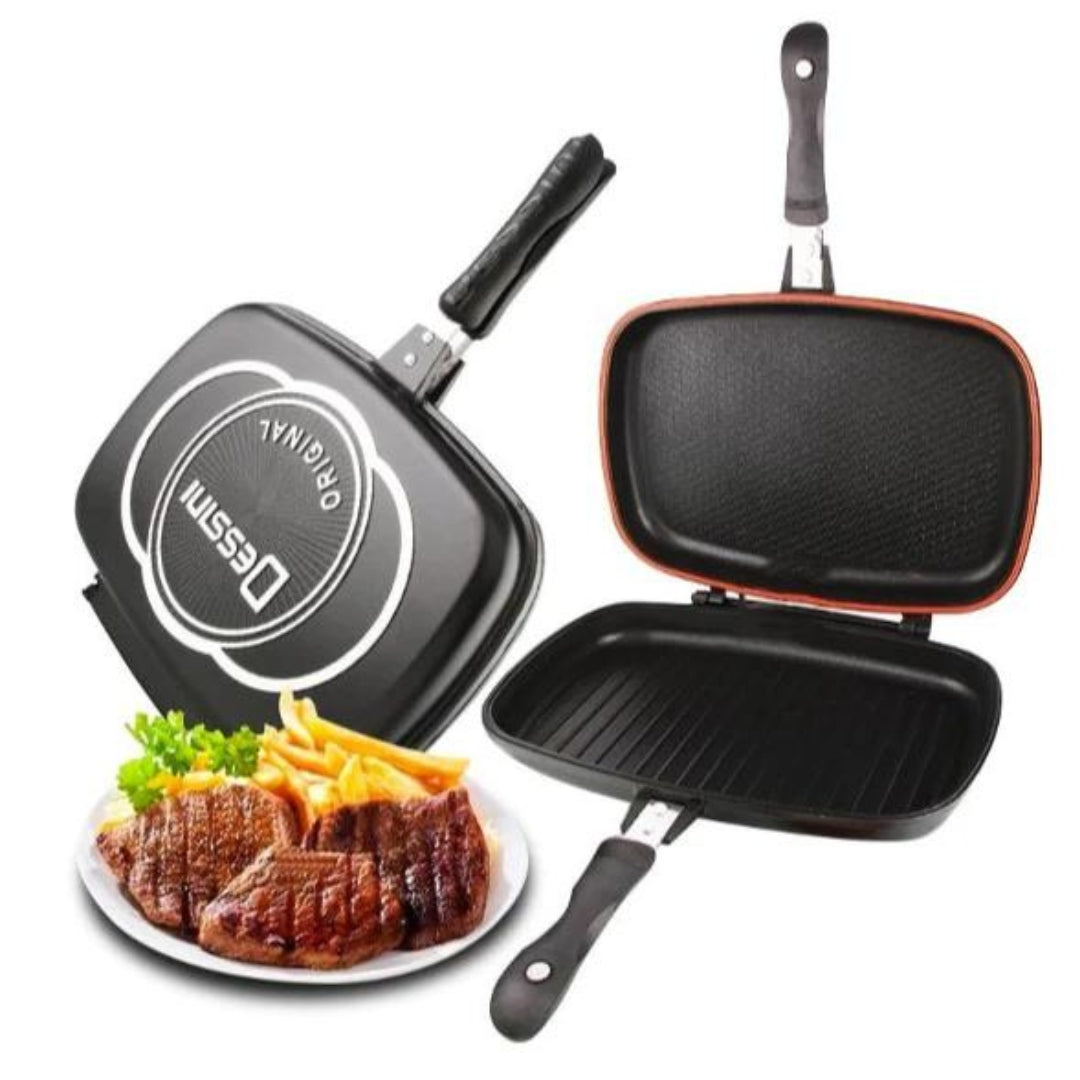 Tigaie Dublă Gourmet Evolution, Grill și Clasică, Antiaderentă, 36 cm, cu Mâner cu Magnet