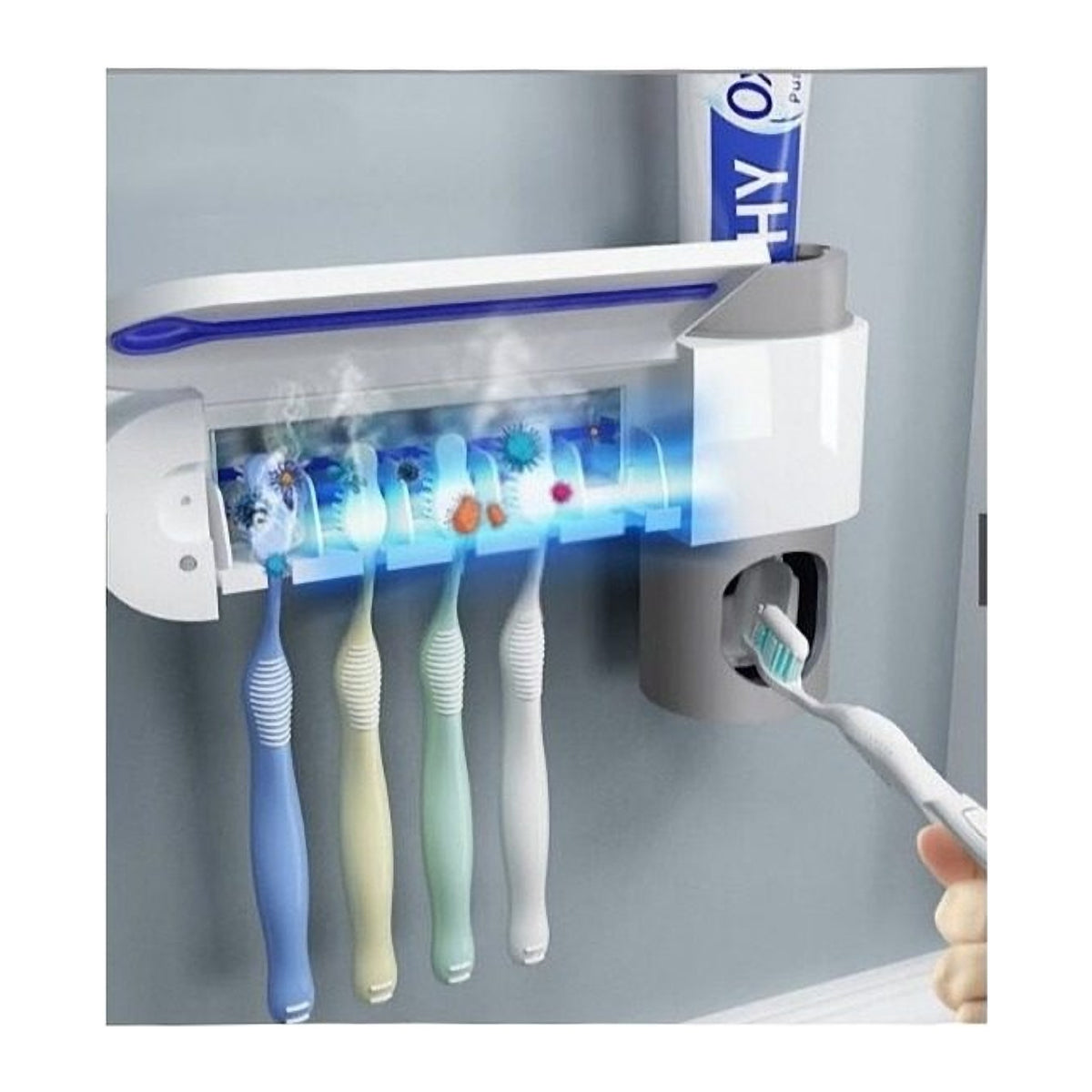 Suport Periuțe cu Sterilizator UV și Dozator de Pastă de Dinți, pentru 5 Periuțe