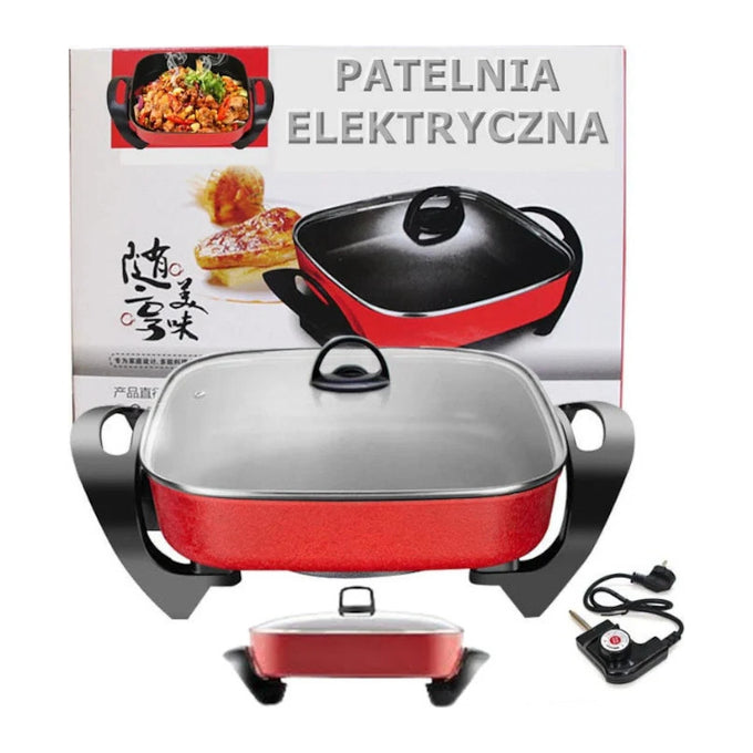 Tigaie Electrică Pătrată cu Capac din Sticlă, 1350W, Antiaderentă, cu Termostat Detașabil