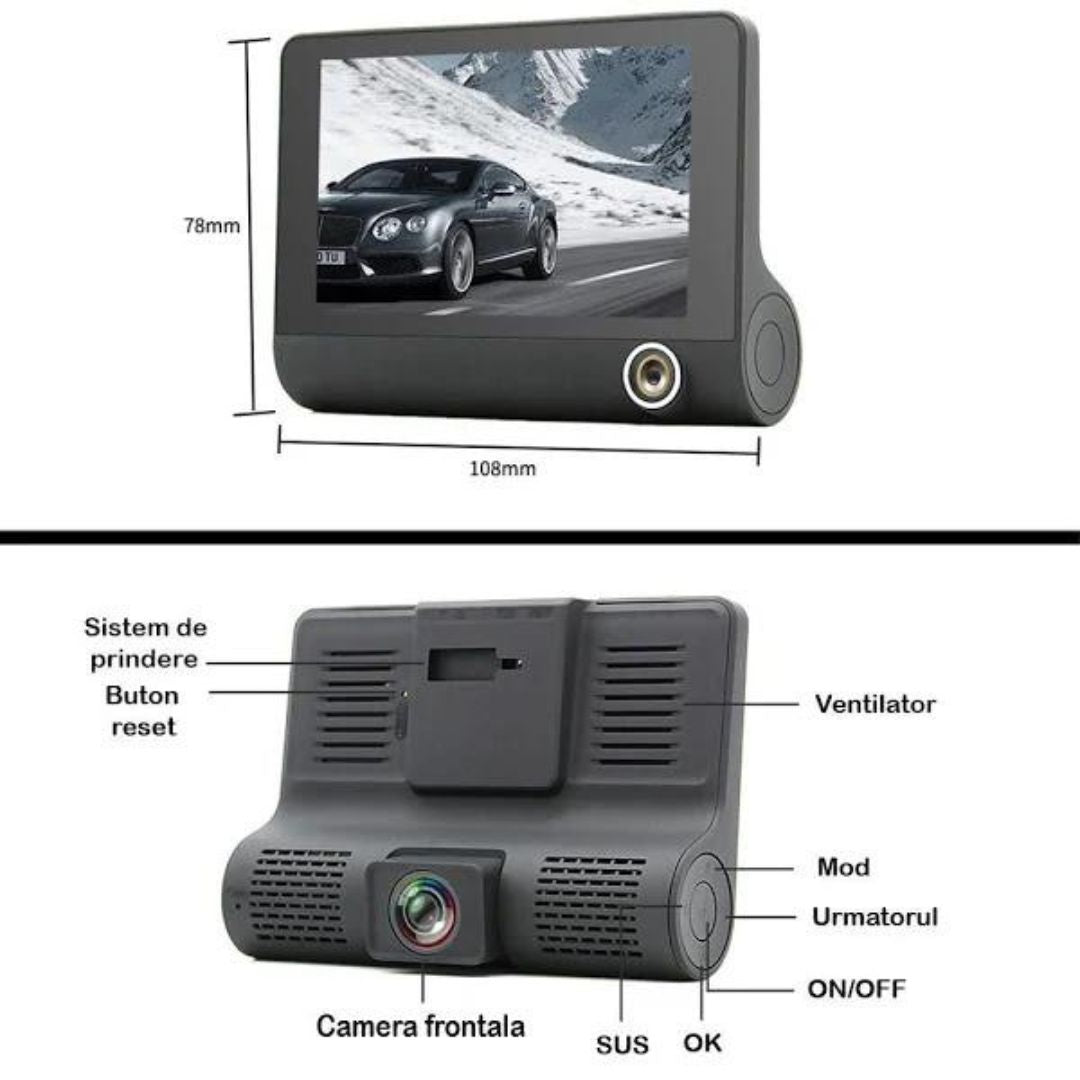 Cameră Video Auto Triplă DVR L300-1 Full HD, 3 Camere Față, Spate și Interior, Ecran 4 Inch