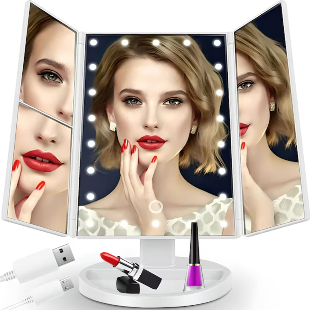 Oglindă Profesională LED pentru Machiaj, cu 3 Oglinzi Pliabile și Control Touch
