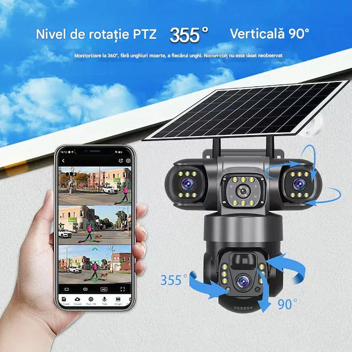 Cameră de Supraveghere Solară 4G cu SIM, 6MP, 3 Obiective, Vedere Nocturnă, IP66