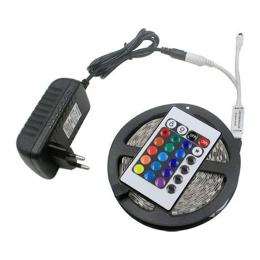 Bandă LED RGB SMD 3528, 5 m, 4,8W/m, cu Telecomandă IR cu 24 de Taste și Transformator Inclus