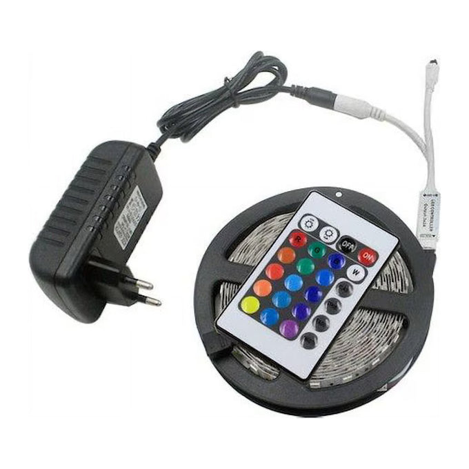 Bandă LED RGB SMD 3528, 5 m, 4,8W/m, cu Telecomandă IR cu 24 de Taste și Transformator Inclus