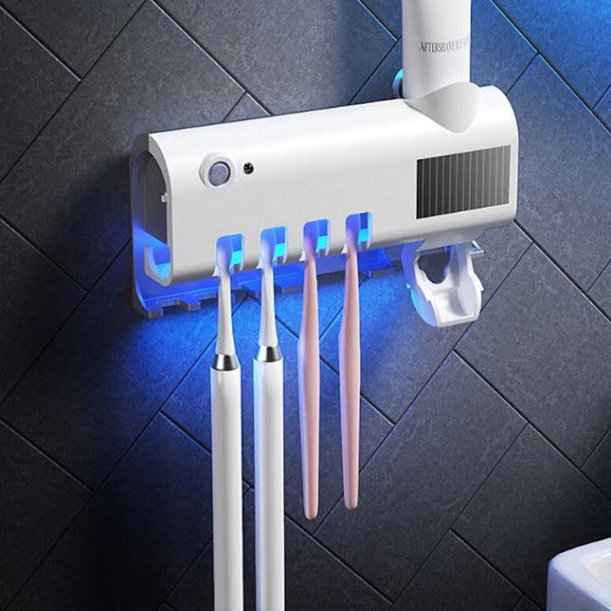 Dozator de Pastă de Dinți cu Sterilizare UV pentru Periuțe, cu Suport pentru 4 Periuțe, Alb