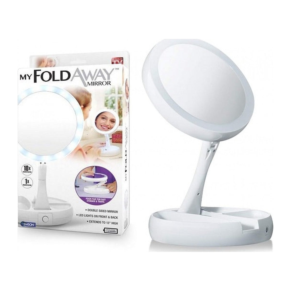 Oglindă de Machiaj cu LED, cu 2 Fețe, Mărire 1x și 10x, Pliabilă, pe Baterii sau USB