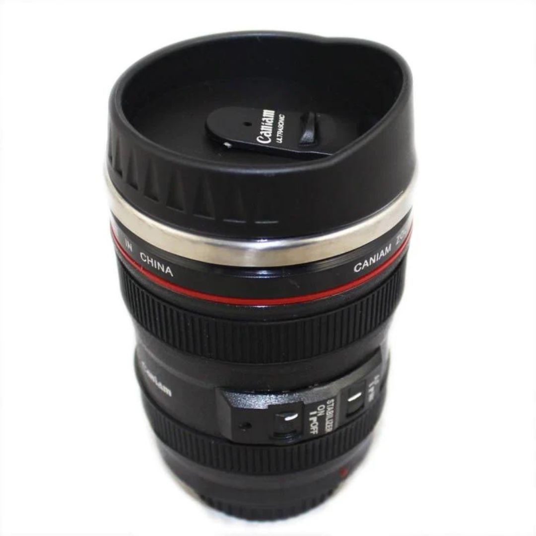 Cană Termos în Formă de Obiectiv Foto, 400 ml, cu Capac
