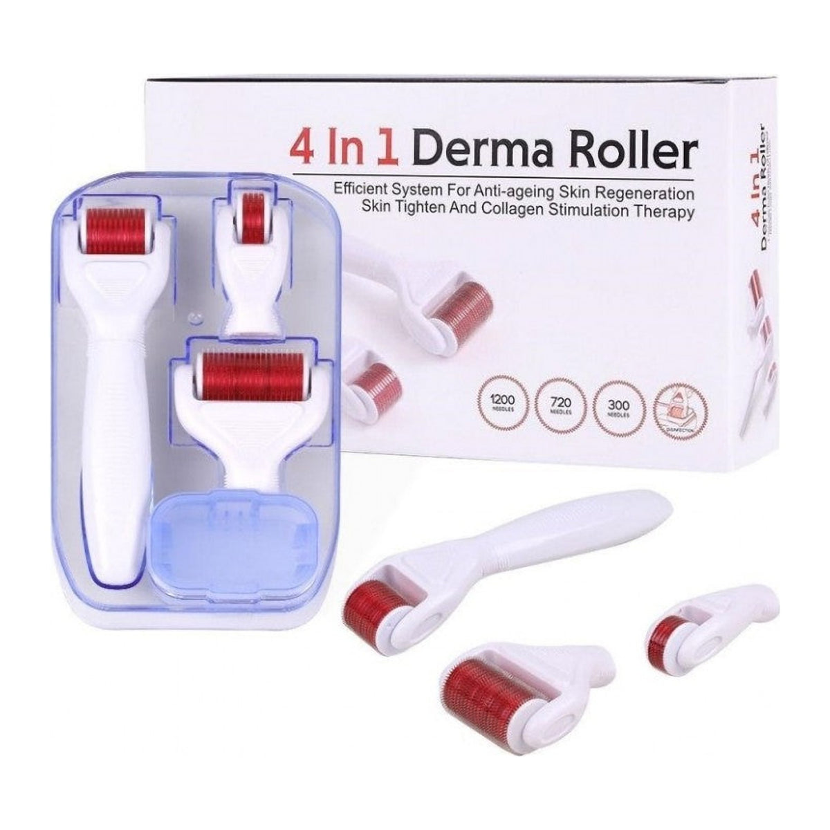 Dermaroller, Rolă Dermatologică 4 în 1 cu Ace din Oțel Inoxidabil, Set de 3 Capete