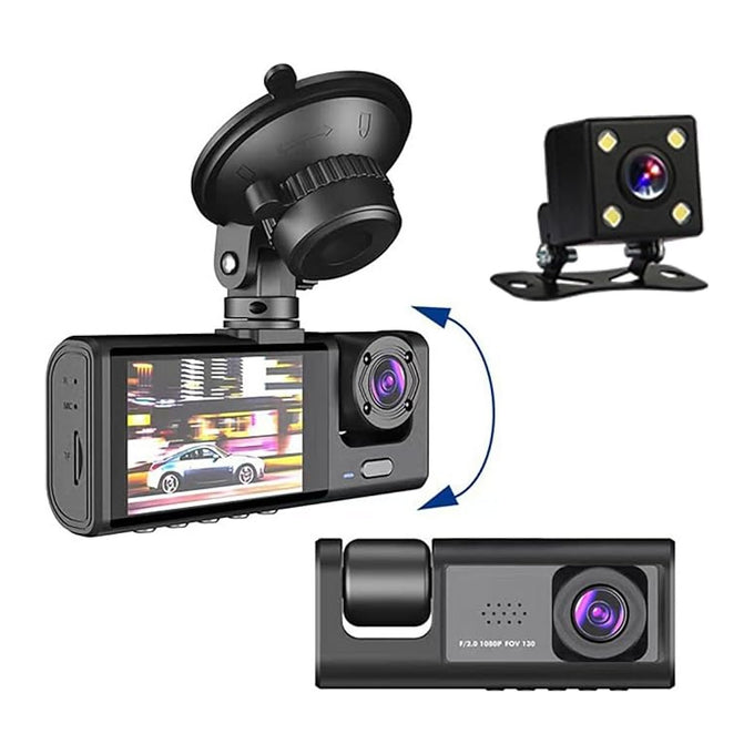 Cameră Auto Kialloy cu 3 Canale, Față, Interior și Spate, Senzor G, Parcare 24h și Vedere Nocturnă