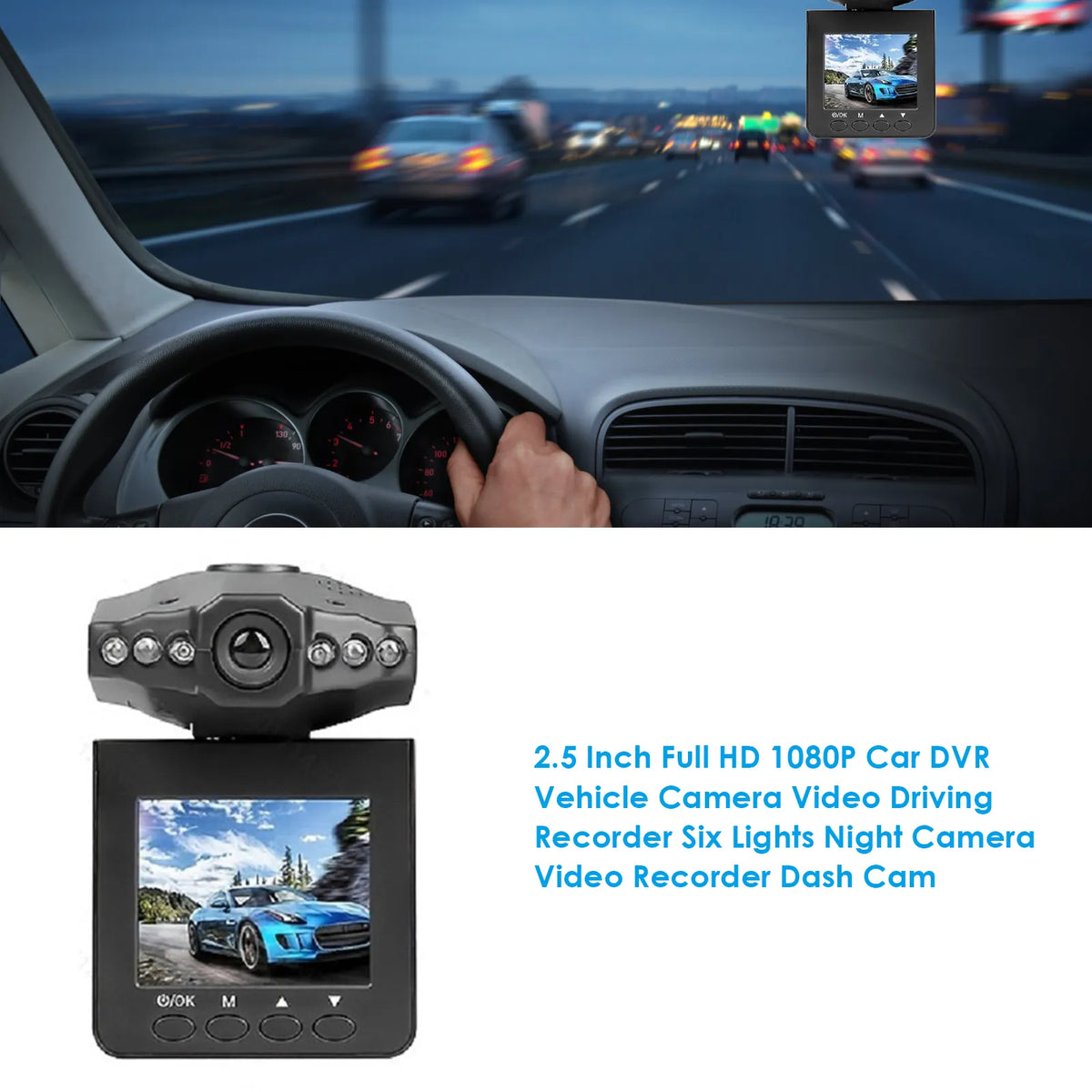 Cameră DVR Auto FHD 1080P cu Șase Lumini de Vedere Nocturnă, Înregistrator Video Auto
