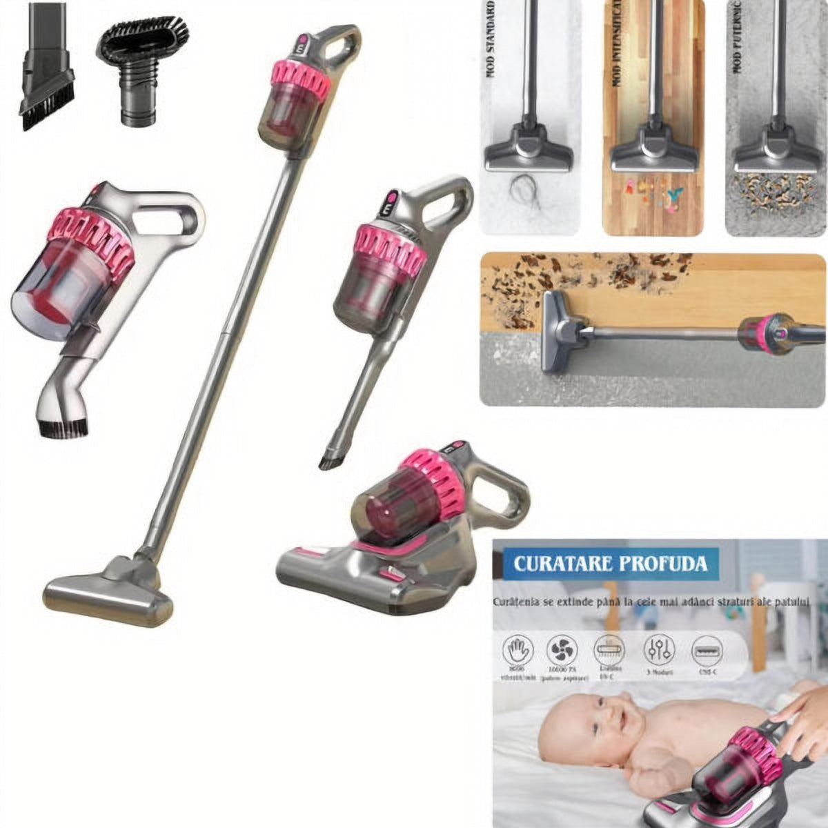 Aspirator Vertical 4 în 1, 117 cm, fără Fir, cu Sterilizare UV și Încărcare USB