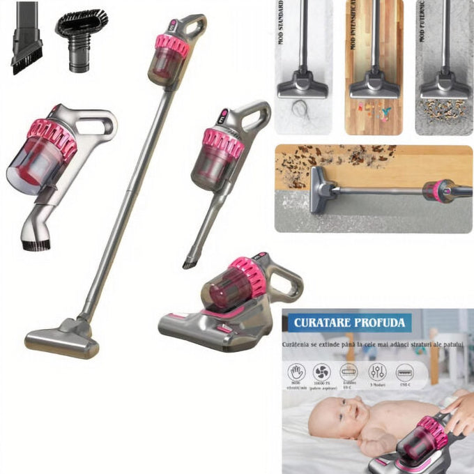 Aspirator Vertical 4 în 1, 117 cm, fără Fir, cu Sterilizare UV și Încărcare USB