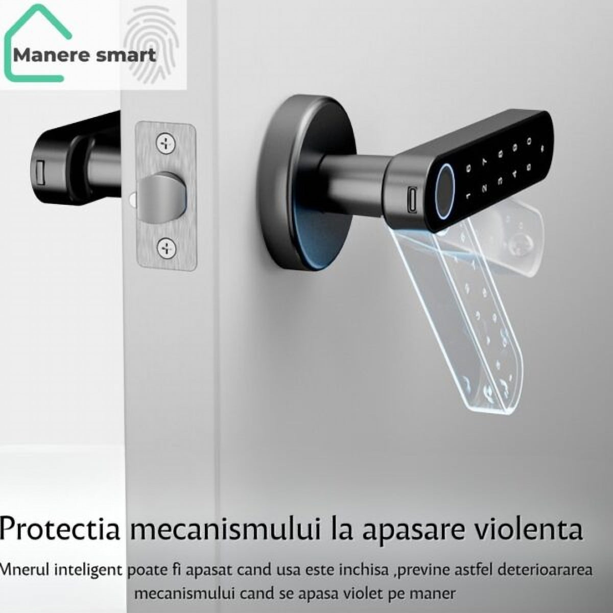 Mâner Smart cu Amprentă pentru Ușă, Negru Mat, cu Cod, Bluetooth, Wi-Fi și Aplicația Tuya Smart
