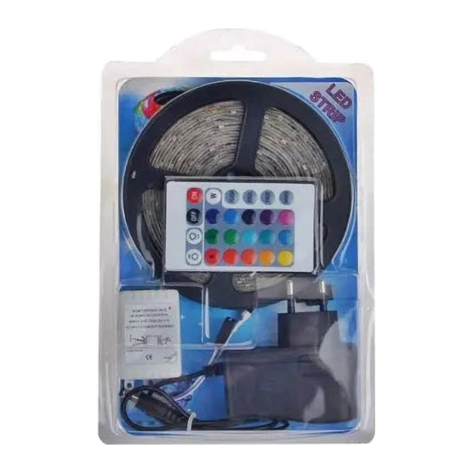 Bandă LED RGB de 5 Metri, 12V, cu Telecomandă, Autoadezivă, cu Alimentare la Priză