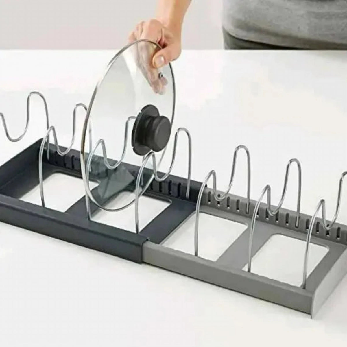 Suport Extensibil pentru Capace de Oale și Organizator de Ustensile din Inox, cu Scurgere pentru Apă