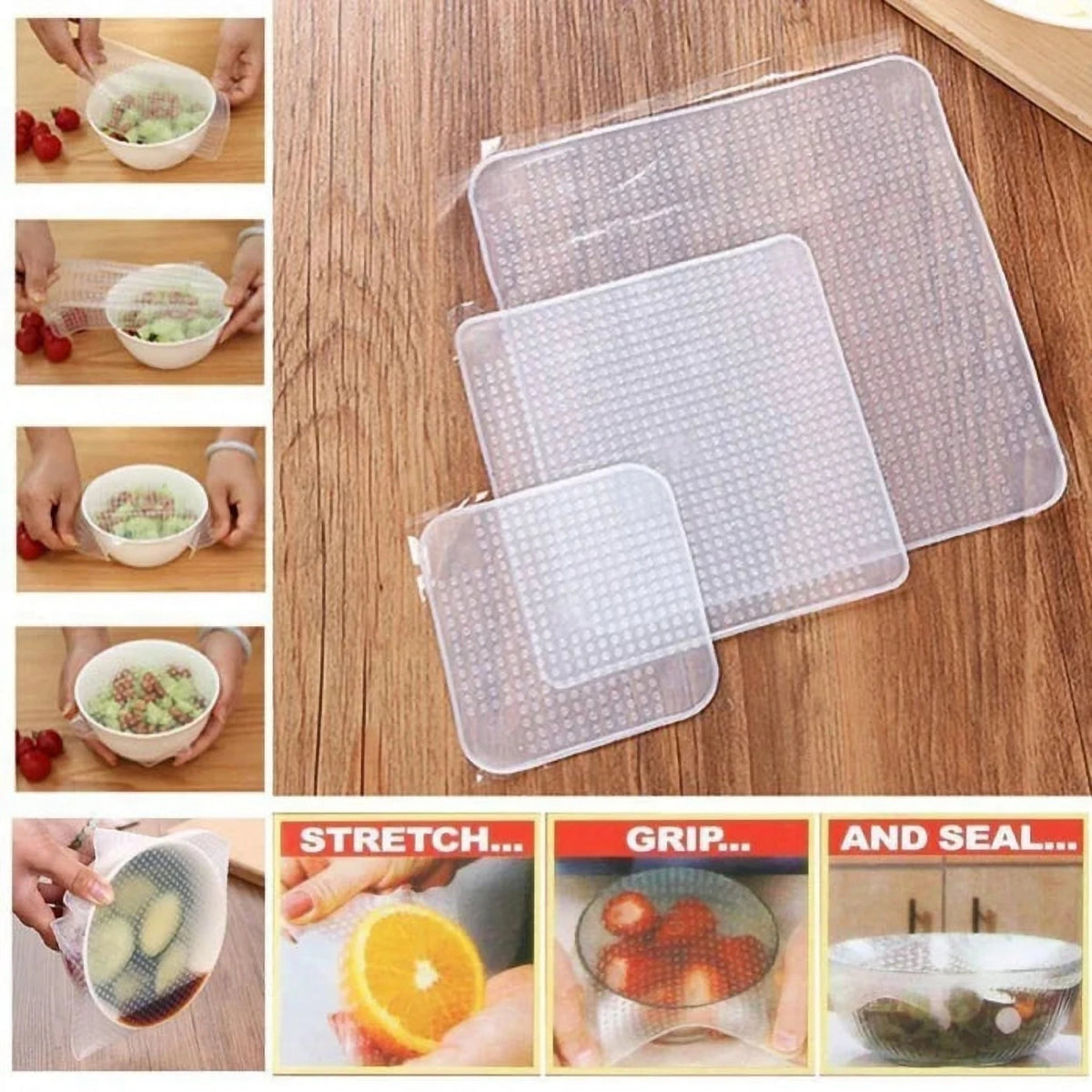 Set 4 Folii din Silicon Reutilizabile pentru Alimente Stretch and Fresh