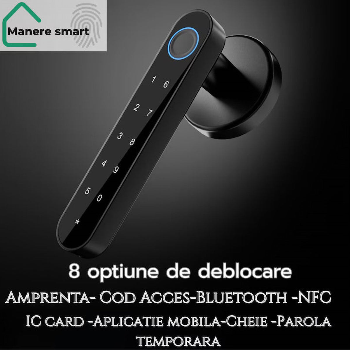 Mâner Smart cu Amprentă pentru Ușă, Negru Mat, cu Cod, Bluetooth, Wi-Fi și Aplicația Tuya Smart