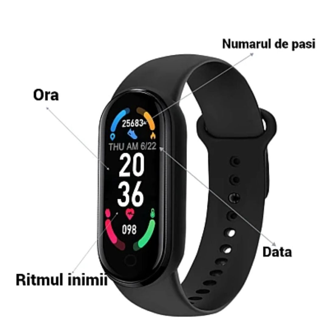 Brățară Fitness Smart M6, Ecran 0,96 Inch, Ritm Cardiac, Notificări, Bluetooth, IP67, Neagră