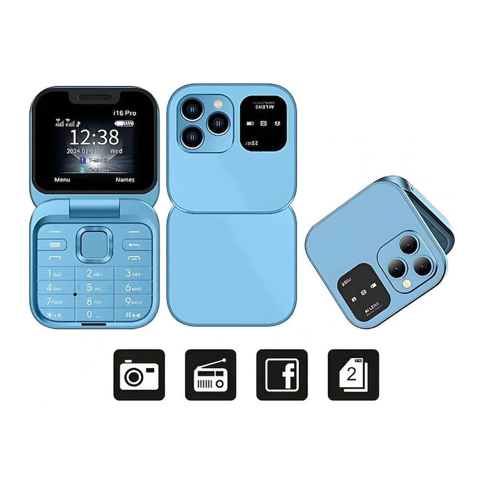 Telefon Mobil Pliabil de Buzunar Flip Phone i16 Pro, Dual SIM, cu Cameră, Bluetooth, Radio FM și MP4