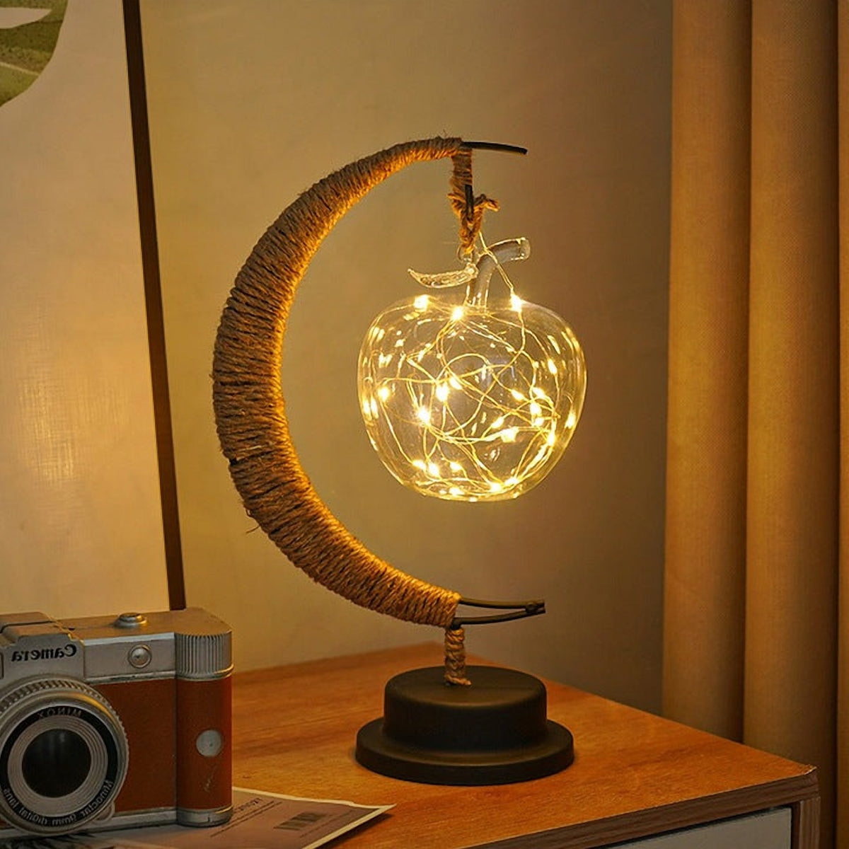 Veioză Decorativă Lună, cu Cadru din Fier Forjat și Lumină LED, 30 x 30 cm, pe Baterii