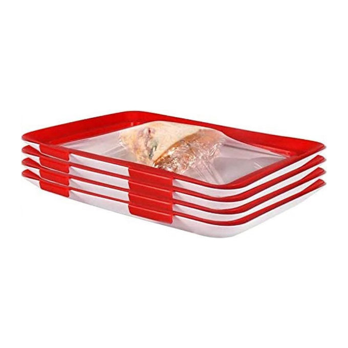 Set 4 Tăvi pentru Alimente din Plastic PP, cu Folie Elastică, Roșu și Alb
